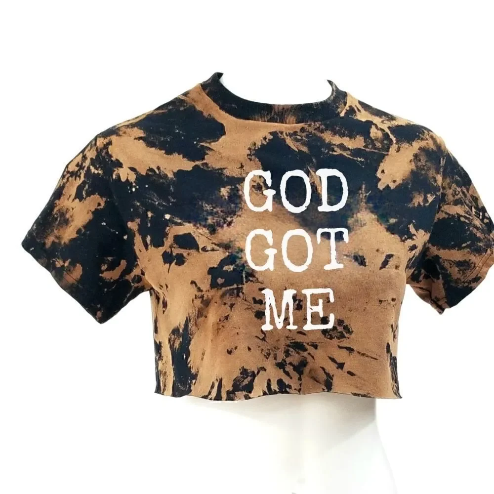 GOD GOT ME Acid Washed Distressed Cropped Crop Top Tee - rap rock punk christian - Picture 2 of 5